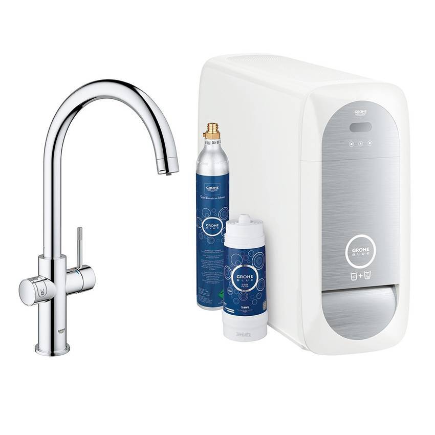 Смеситель для кухни Grohe Blue Home 31455000 с функциями фильтрации, охлаждения и газирования водопроводной воды (фильтр в комплекте), хром