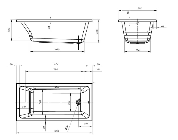 Ванна акриловая Marka One Bianca 150x75 изображение