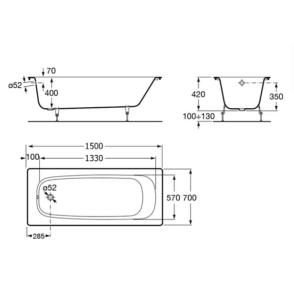 Ванна чугунная Roca Continental 150x70 без противоскользящего покрытия изображение