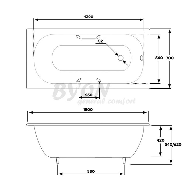 Ванна чугунная Byon B13 150x70x42 с ручками изображение