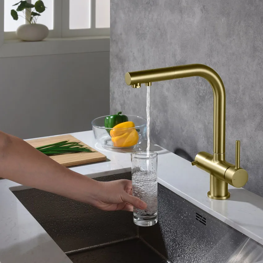 Смеситель для кухни с подключением фильтра и выдвижной лейкой Timo Saona 2356/17FL золото матовое изображение