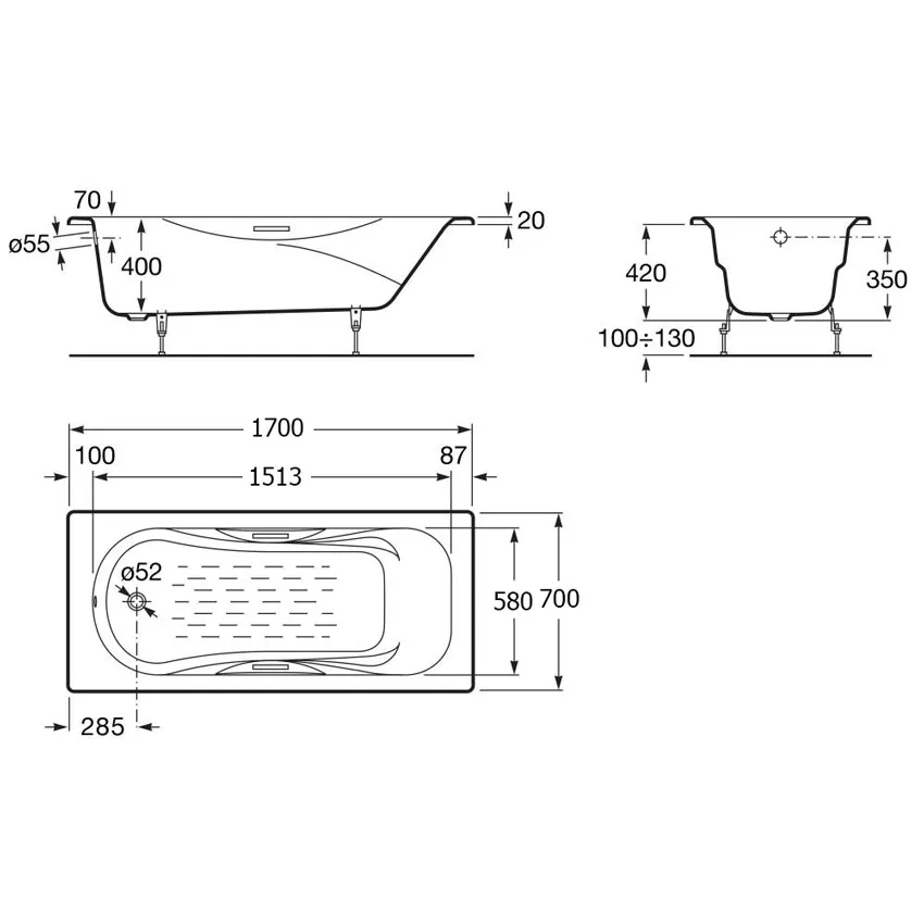 Ванна чугунная Roca Malibu 170х70 без ручек anti-slip изображение