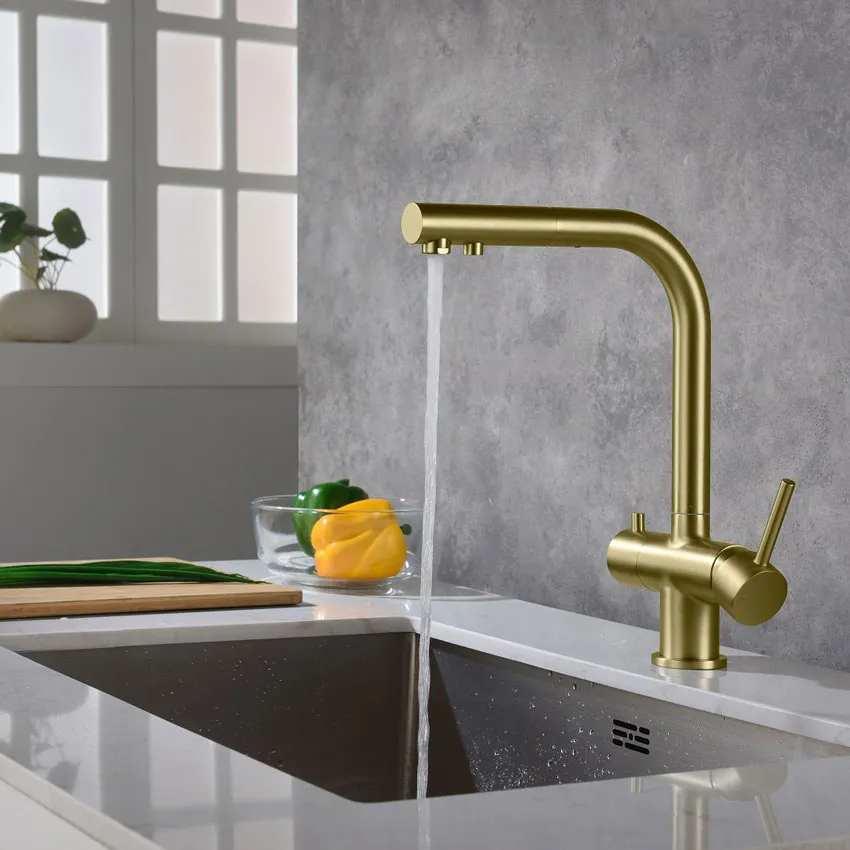 Смеситель для кухни с подключением фильтра и выдвижной лейкой Timo Saona 2356/17FL золото матовое изображение