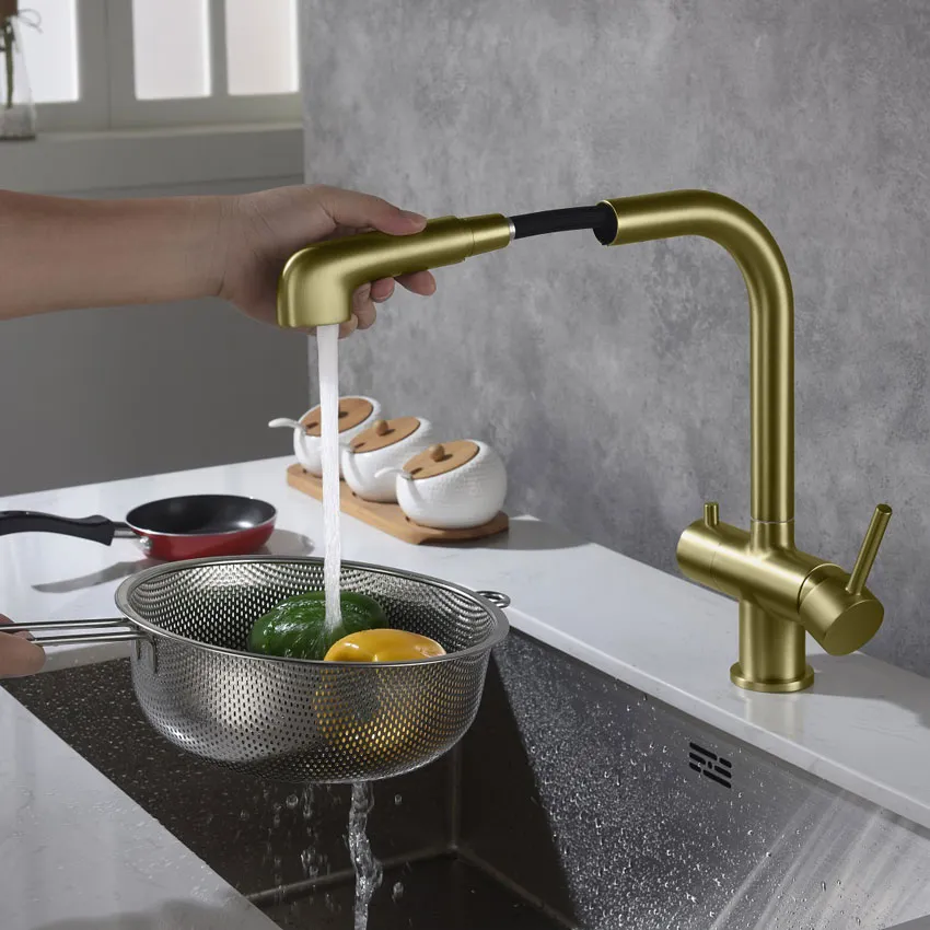 Смеситель для кухни с подключением фильтра и выдвижной лейкой Timo Saona 2346/17FL золото матовое изображение